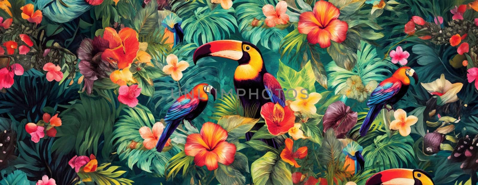 Tropical exotic pattern with animal and flowers in bright colors and lush vegetation. Ai Generative