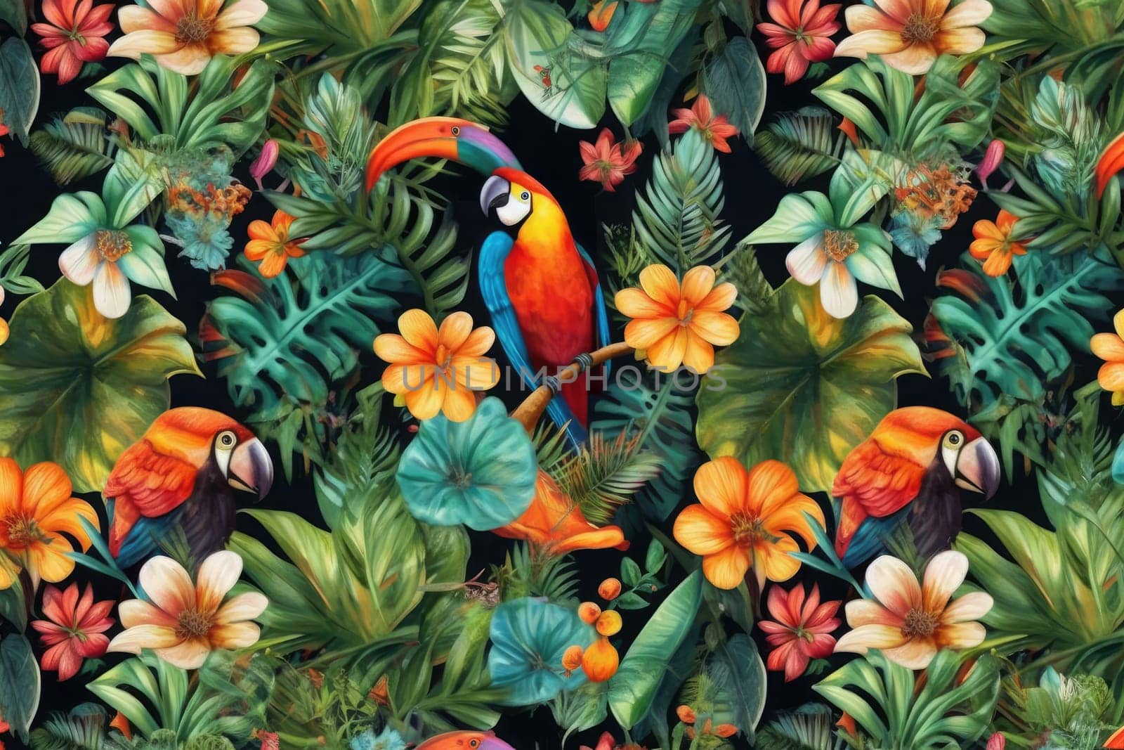 Tropical exotic pattern with animal and flowers in bright colors and lush vegetation. Ai Generative