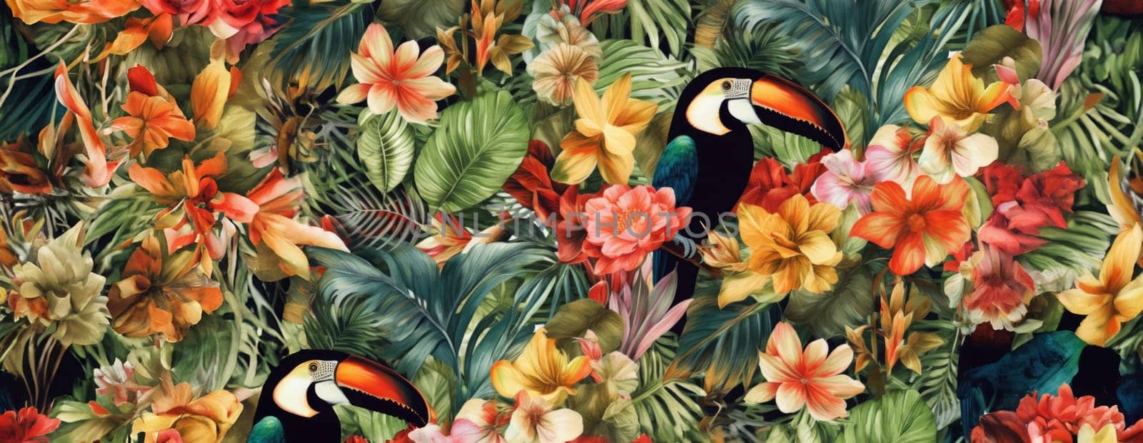 Tropical exotic pattern with animal and flowers in bright colors and lush vegetation. Ai Generative