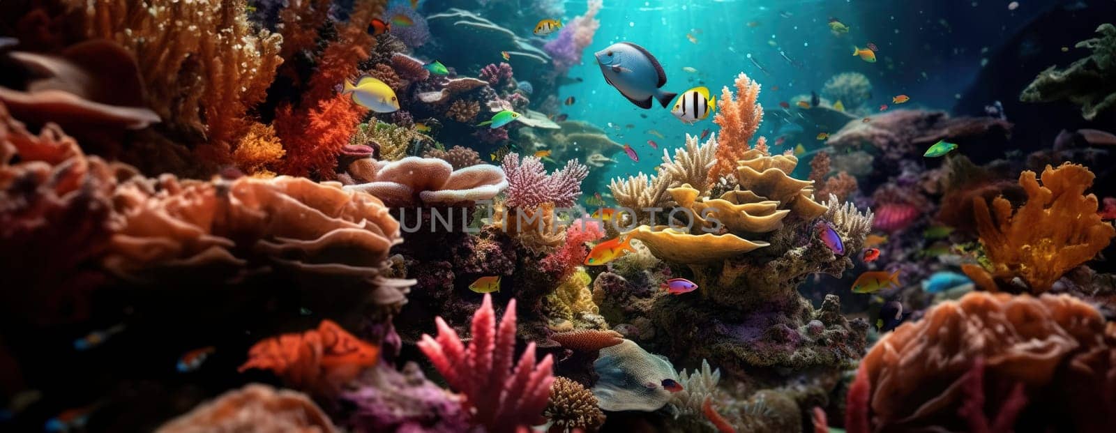 Tropical sea underwater fishes on coral reef. Aquarium oceanarium wildlife colorful marine panorama landscape nature snorkel diving. AI Generative