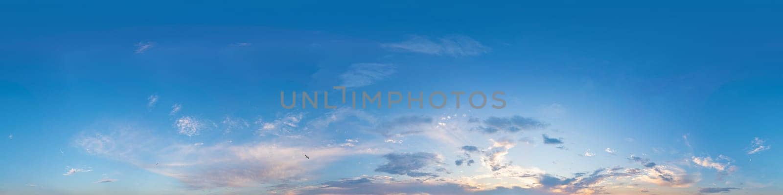 Dark blue sunset sky panorama with pink Cumulus clouds. Seamless hdr 360 pano in spherical equirectangular format. Full zenith for 3D visualization, game, sky replacement for aerial drone panoramas