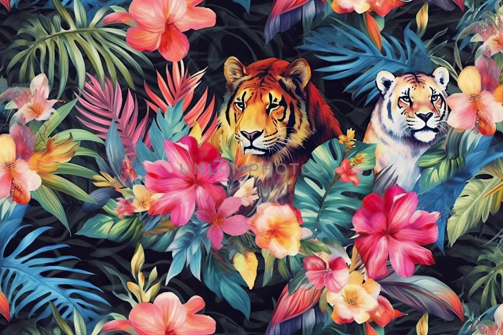 Tropical exotic pattern with animal and flowers in bright colors and lush vegetation. Ai Generative