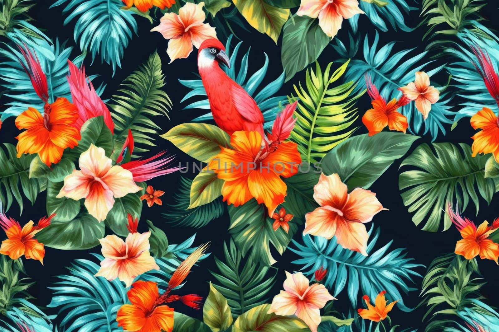 Tropical exotic pattern with animal and flowers in bright colors and lush vegetation. Ai Generative