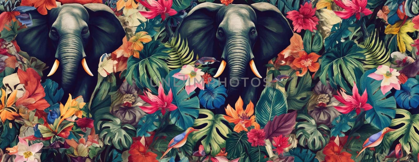 Tropical exotic pattern with animal and flowers in bright colors and lush vegetation. Ai Generative. by Benzoix