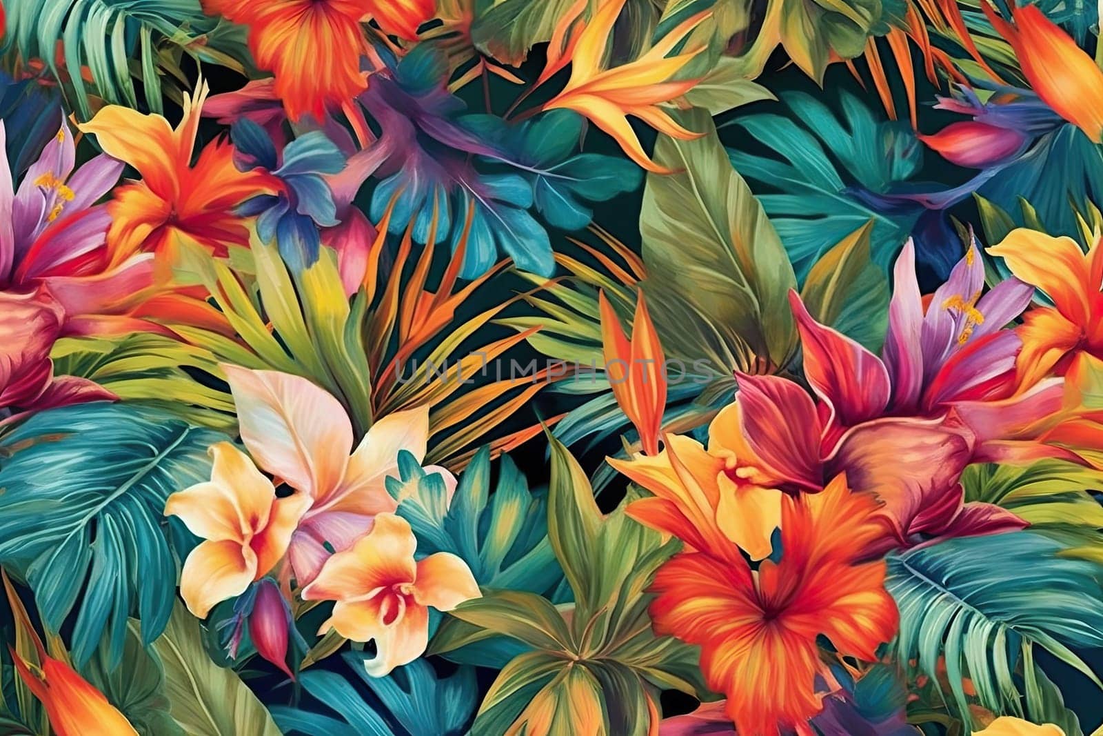 Tropical exotic pattern with animal and flowers in bright colors and lush vegetation. Ai Generative