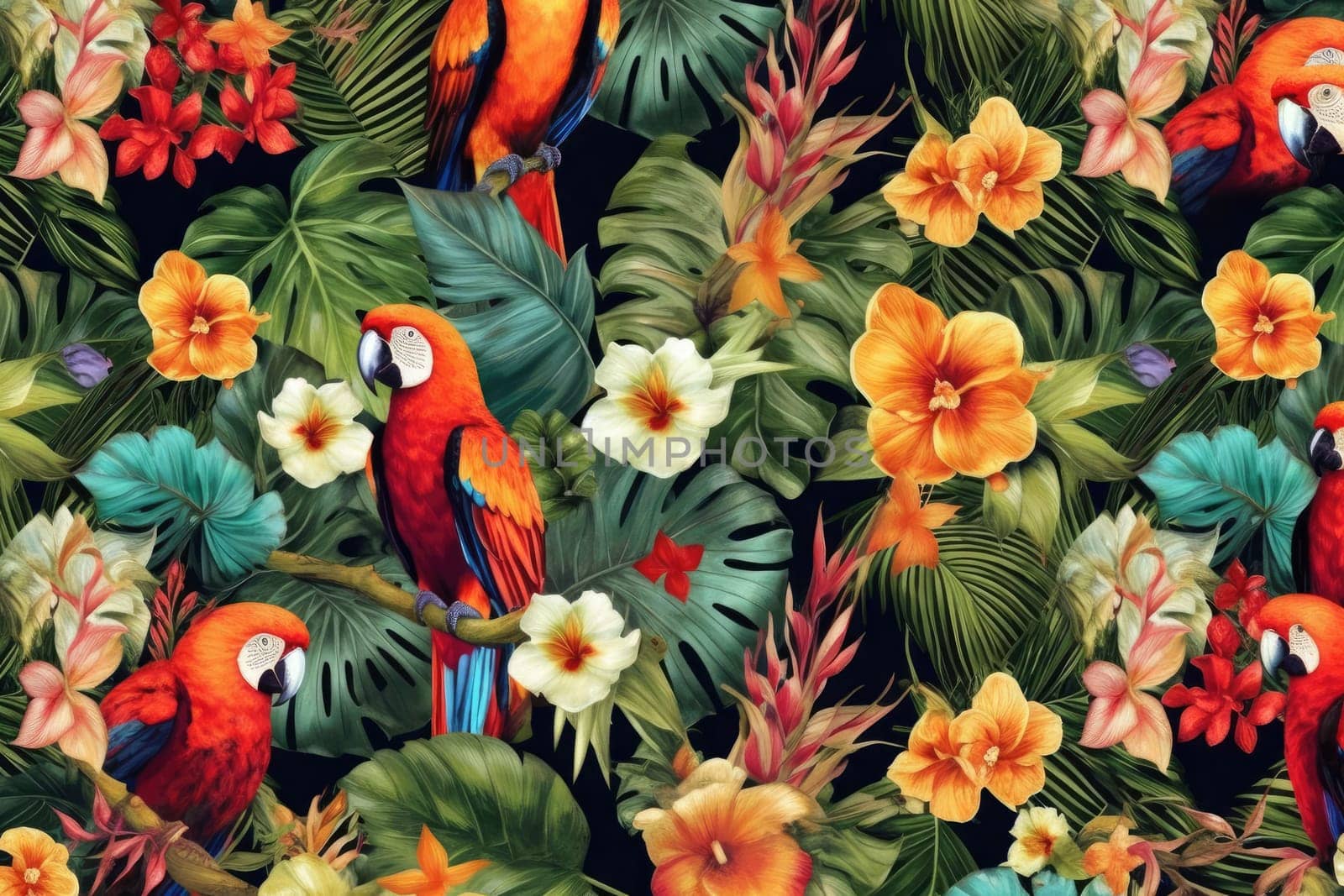 Tropical exotic pattern with animal and flowers in bright colors and lush vegetation. Ai Generative