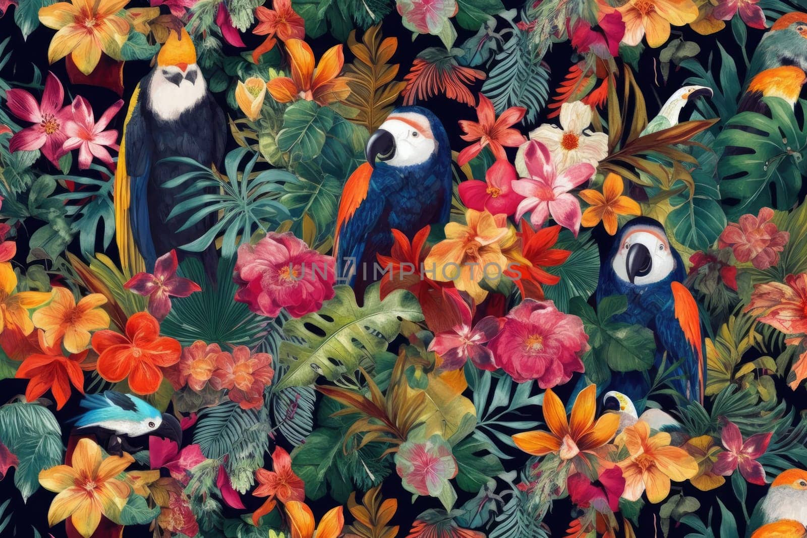 Tropical exotic pattern with animal and flowers in bright colors and lush vegetation. Ai Generative