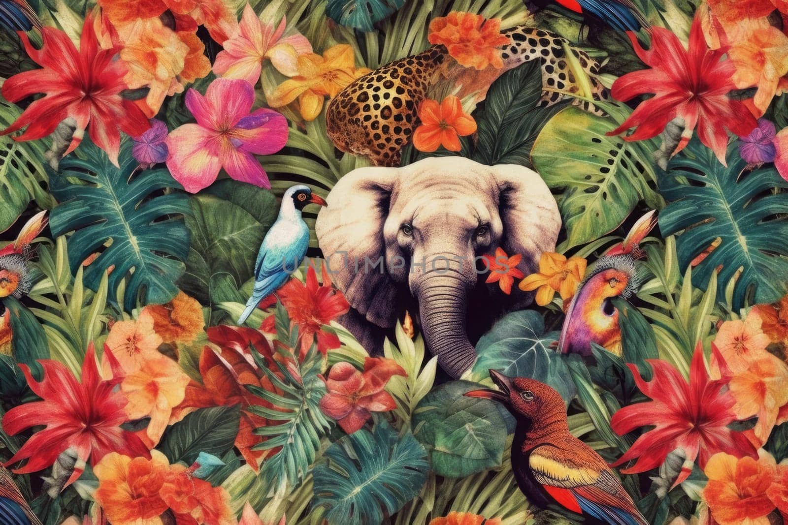 Tropical exotic pattern with animal and flowers in bright colors and lush vegetation. Ai Generative