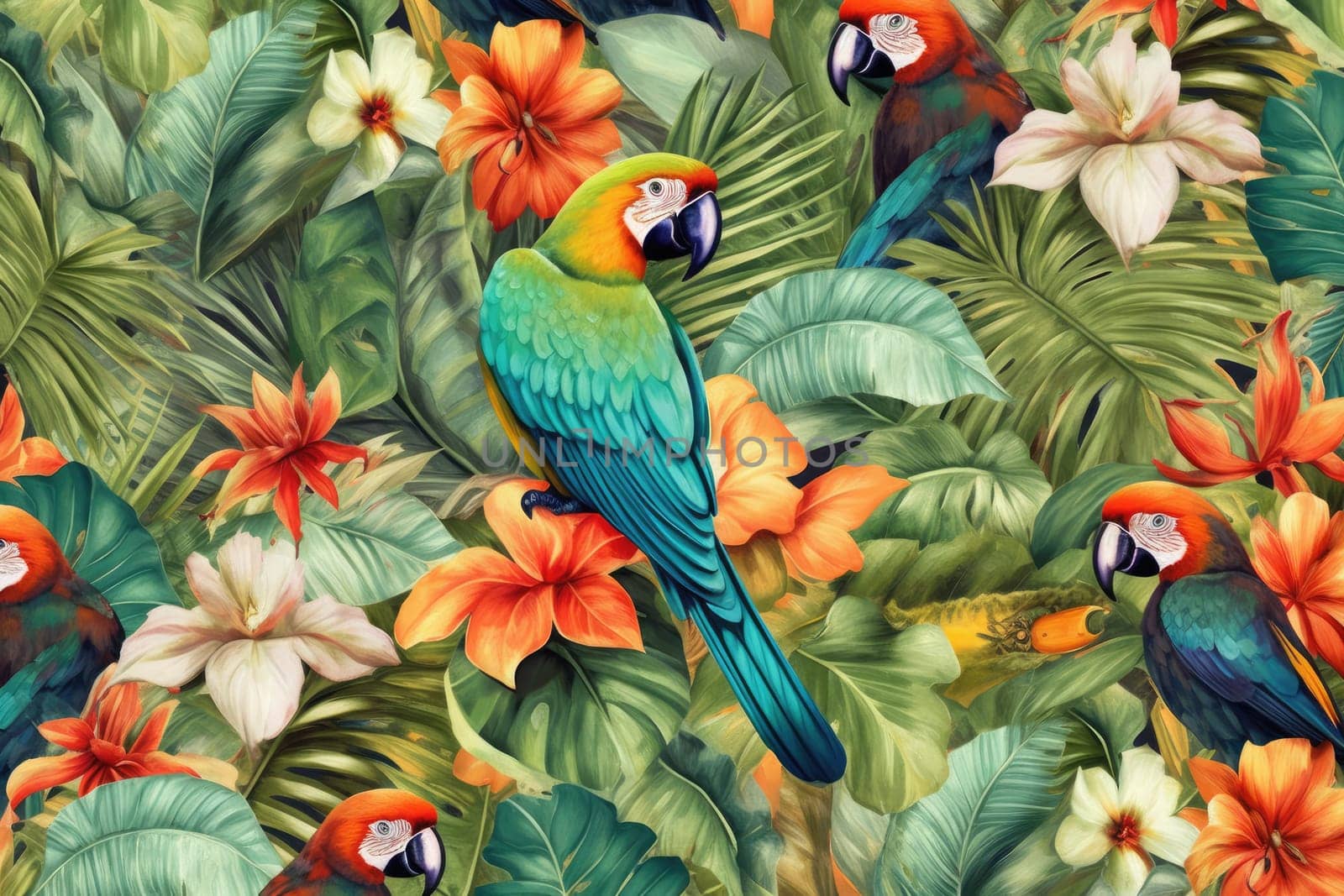 Tropical exotic pattern with animal and flowers in bright colors and lush vegetation. Ai Generative