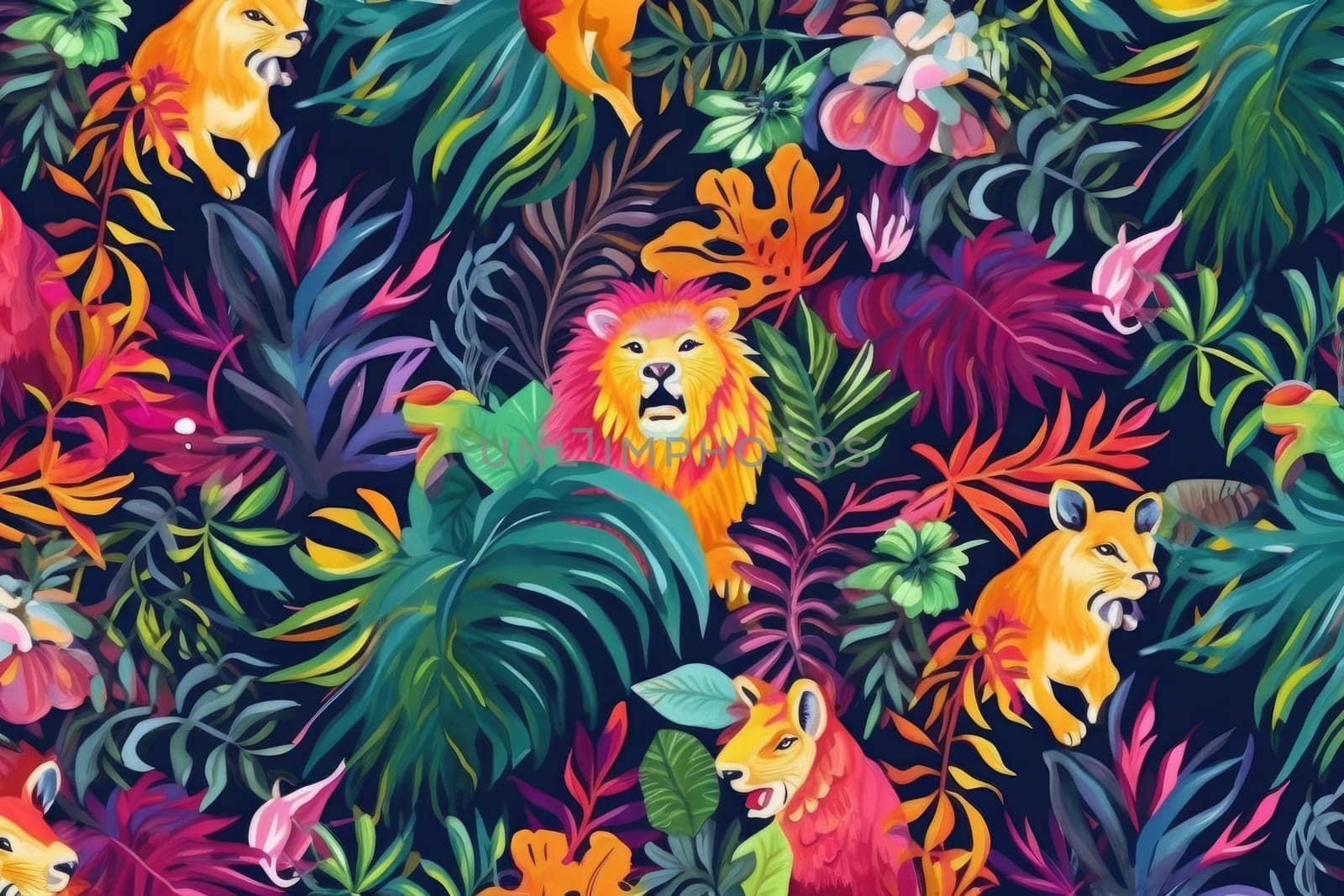 Tropical exotic pattern with animal and flowers in bright colors and lush vegetation. Ai Generative. by Benzoix