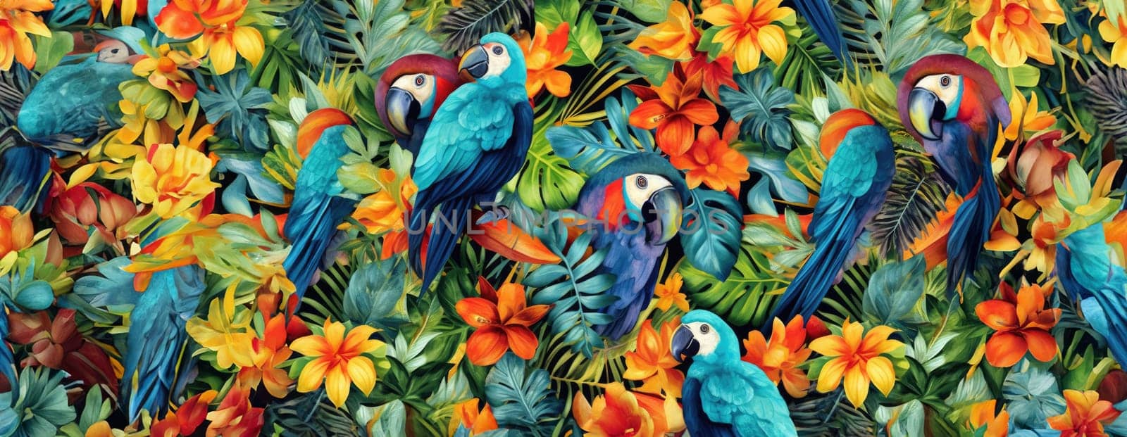 Tropical exotic pattern with animal and flowers in bright colors and lush vegetation. Ai Generative