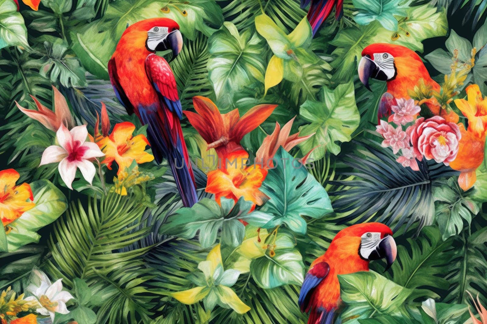 Tropical exotic pattern with animal and flowers in bright colors and lush vegetation. Ai Generative