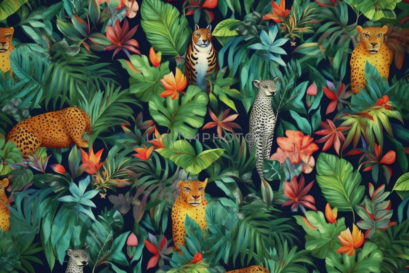 Tropical exotic pattern with animal and flowers in bright colors and lush vegetation. Ai Generative