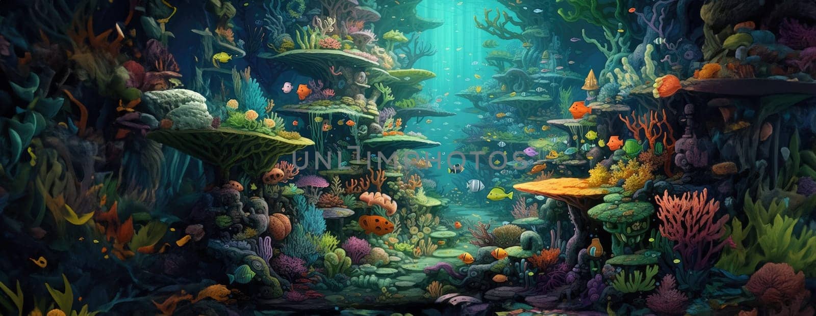 Tropical sea underwater fishes on coral reef. Aquarium oceanarium wildlife colorful marine panorama landscape nature snorkel diving. AI Generative