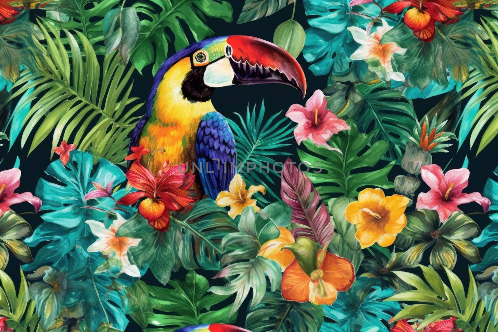 Tropical exotic pattern with animal and flowers in bright colors and lush vegetation. Ai Generative. by Benzoix