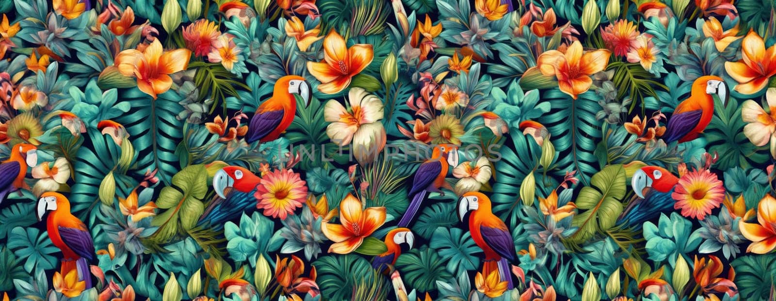 Tropical exotic pattern with animal and flowers in bright colors and lush vegetation. Ai Generative. by Benzoix