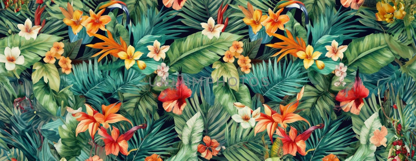 Tropical exotic pattern with animal and flowers in bright colors and lush vegetation. Ai Generative