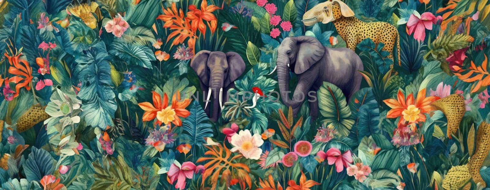 Tropical exotic pattern with animal and flowers in bright colors and lush vegetation. Ai Generative