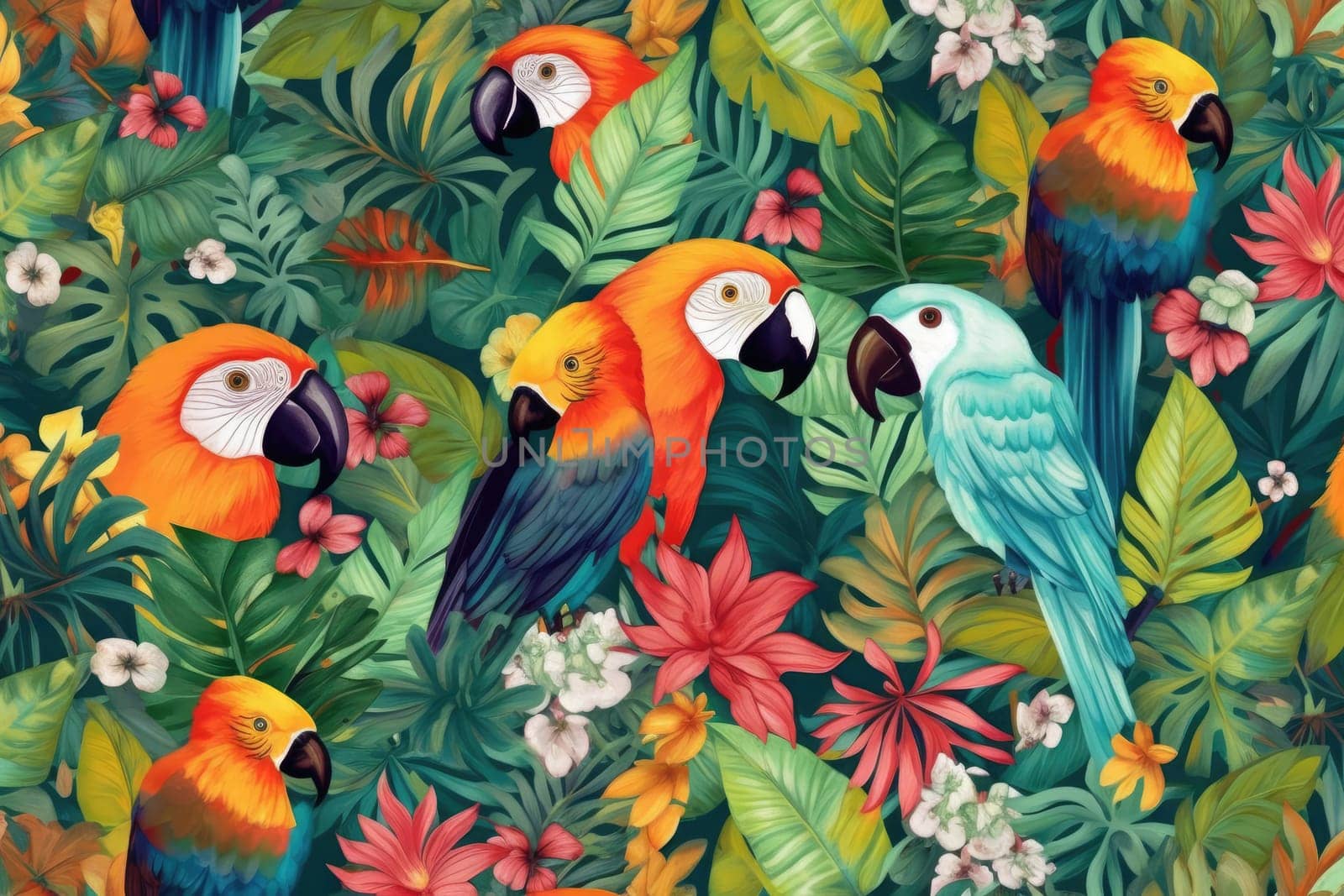 Tropical exotic pattern with animal and flowers in bright colors and lush vegetation. Ai Generative