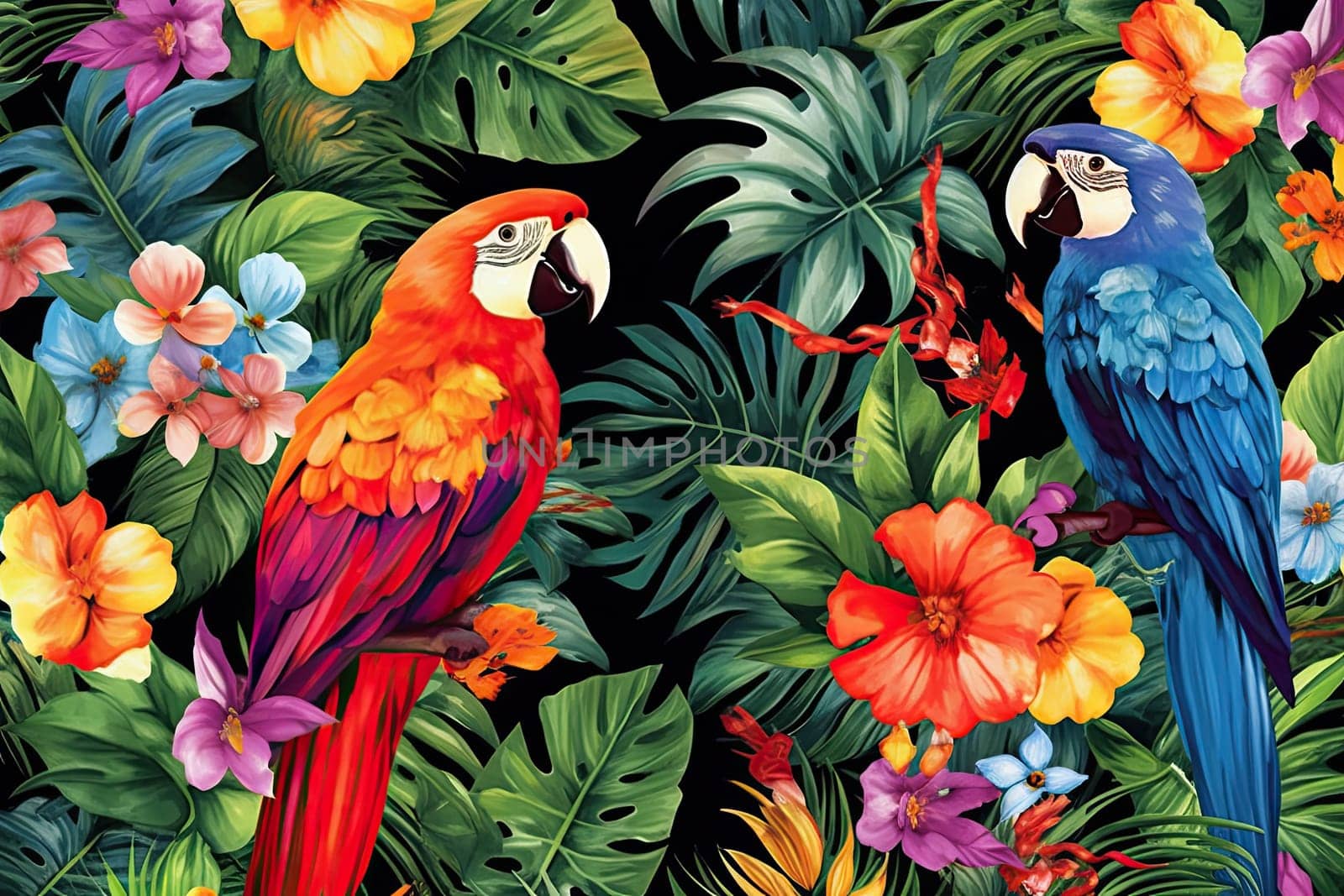 Tropical exotic pattern with animal and flowers in bright colors and lush vegetation. Ai Generative