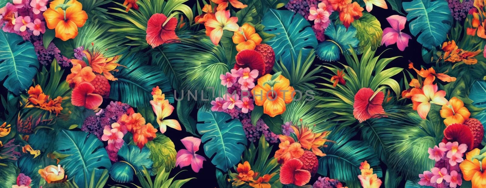 Tropical exotic pattern with animal and flowers in bright colors and lush vegetation. Ai Generative. by Benzoix