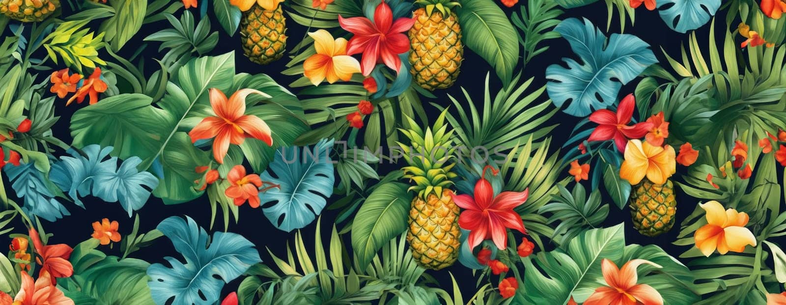 Tropical exotic pattern with animal and flowers in bright colors and lush vegetation. Ai Generative