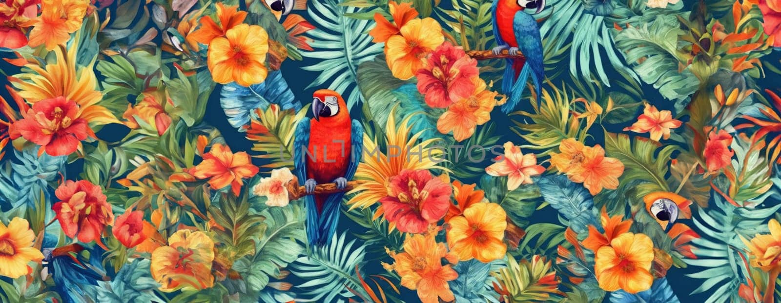 Tropical exotic pattern with animal and flowers in bright colors and lush vegetation. Ai Generative