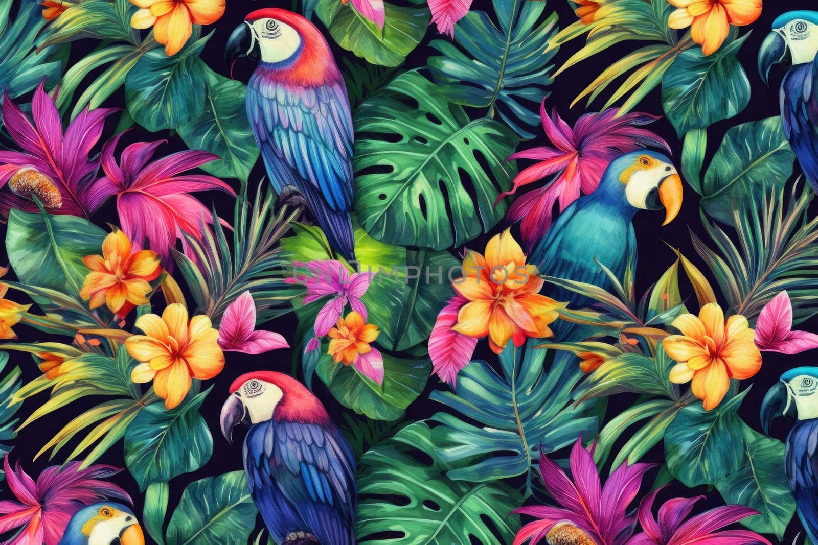 Tropical exotic pattern with animal and flowers in bright colors and lush vegetation. Ai Generative