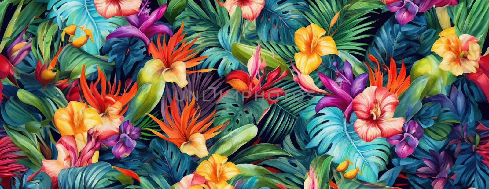 Tropical exotic pattern with animal and flowers in bright colors and lush vegetation. Ai Generative. by Benzoix