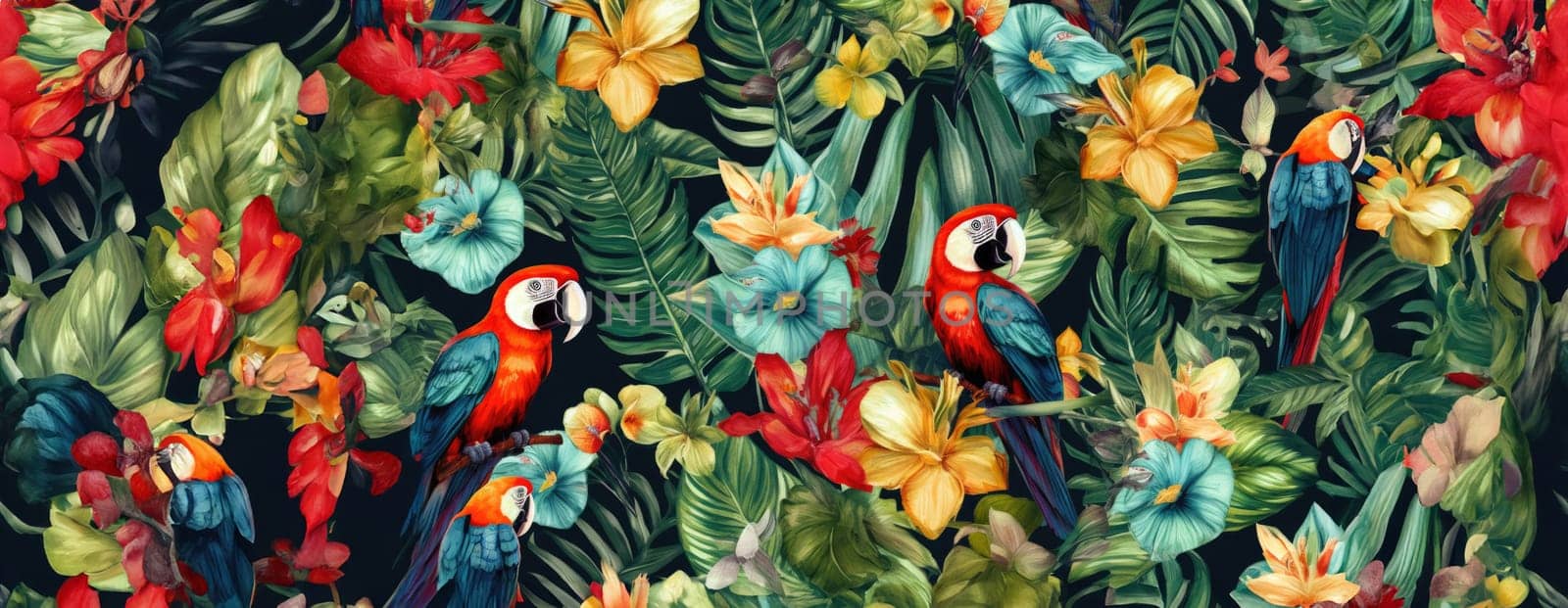 Tropical exotic pattern with animal and flowers in bright colors and lush vegetation. Ai Generative. by Benzoix