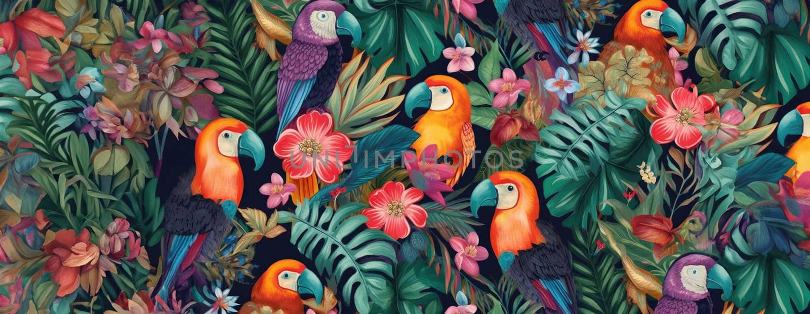 Tropical exotic pattern with animal and flowers in bright colors and lush vegetation. Ai Generative. by Benzoix