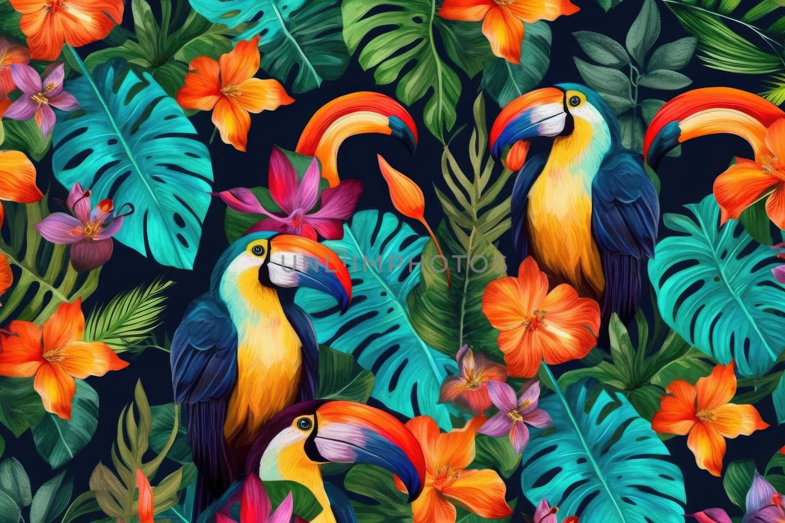 Tropical exotic pattern with animal and flowers in bright colors and lush vegetation. Ai Generative