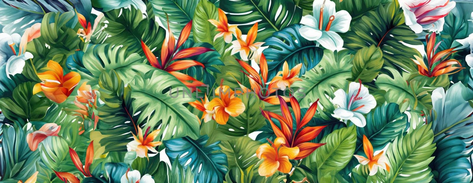 Tropical exotic pattern with animal and flowers in bright colors and lush vegetation. Ai Generative. by Benzoix