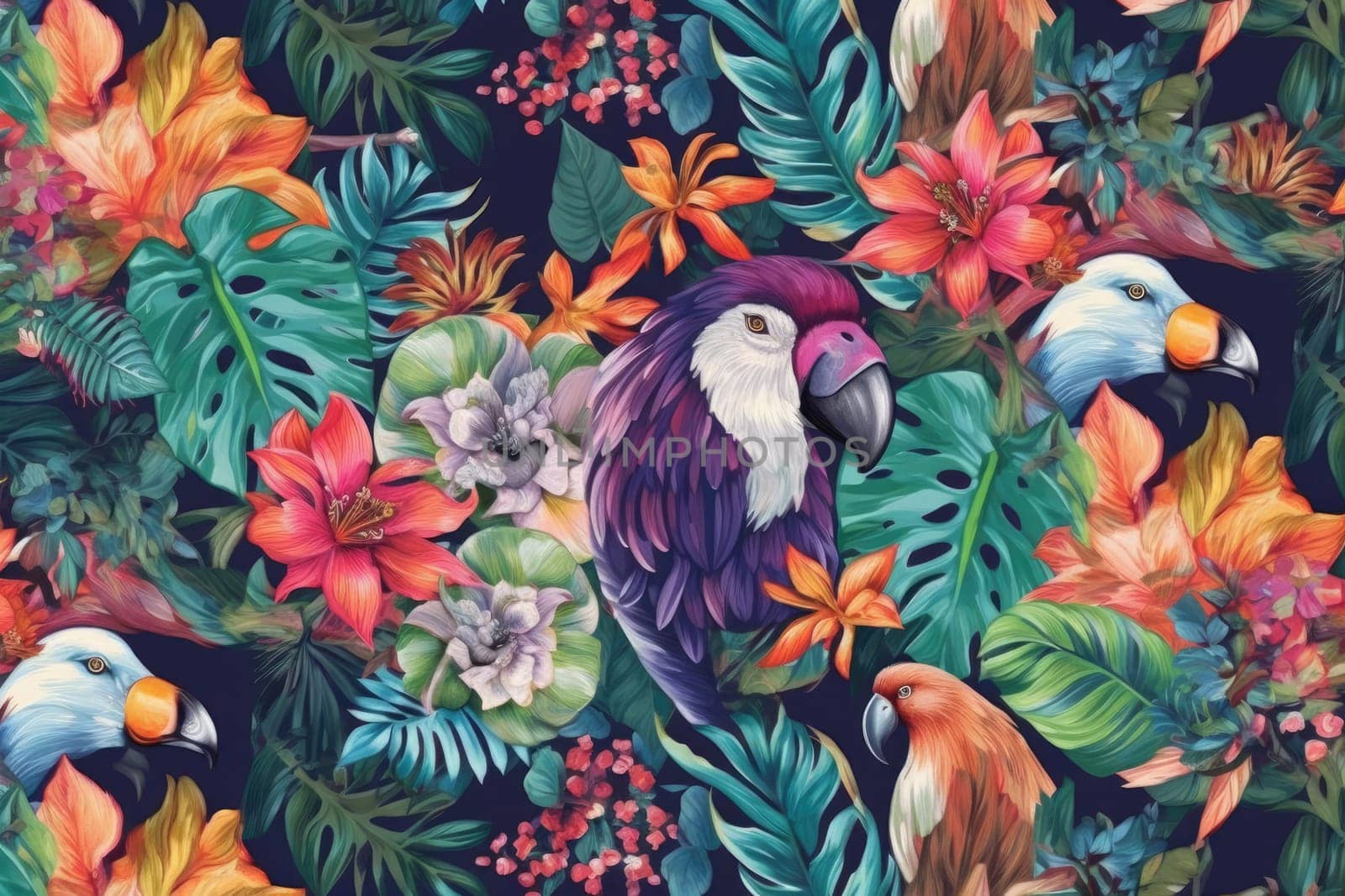 Tropical exotic pattern with animal and flowers in bright colors and lush vegetation. Ai Generative. by Benzoix