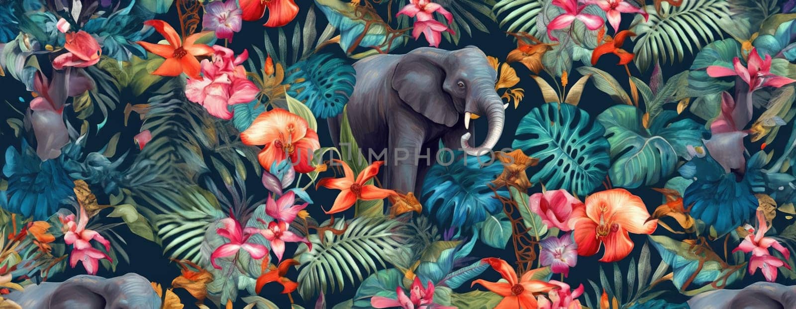 Tropical exotic pattern with animal and flowers in bright colors and lush vegetation. Ai Generative. by Benzoix