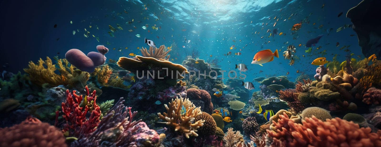 Tropical sea underwater fishes on coral reef. Aquarium oceanarium wildlife colorful marine panorama landscape nature snorkel diving. AI Generative