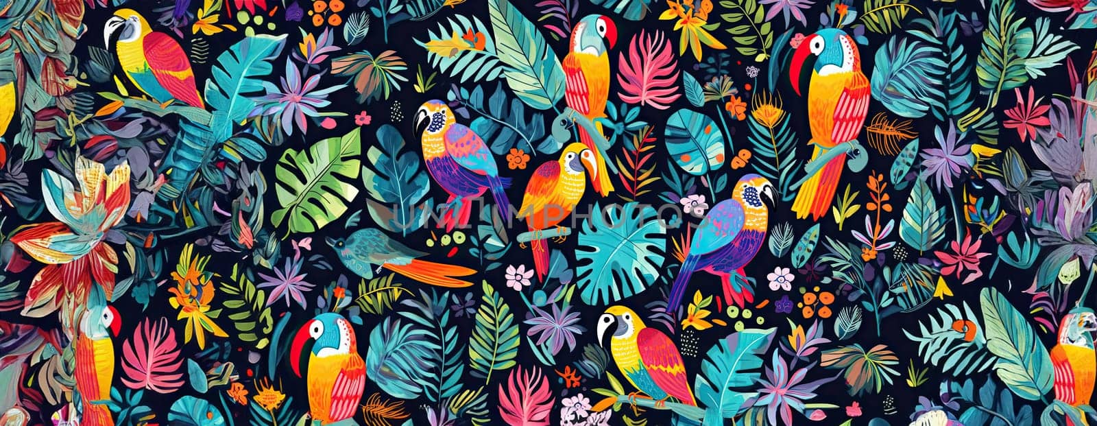 Tropical exotic pattern with animal and flowers in bright colors and lush vegetation. Ai Generative