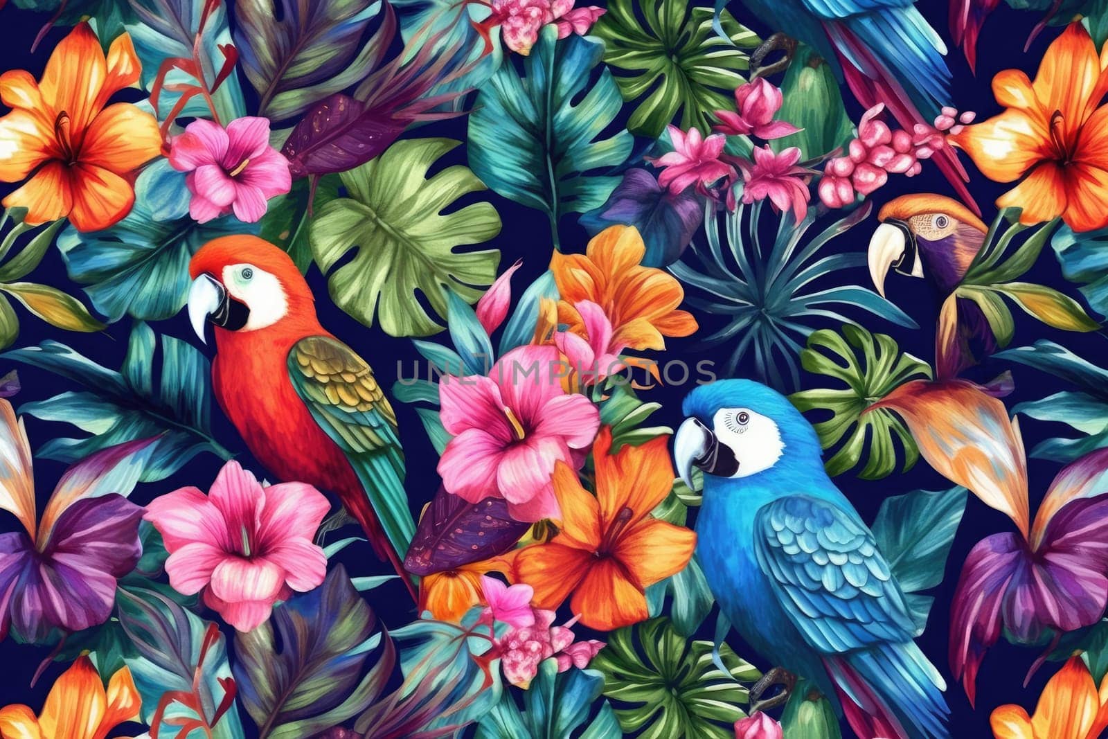 Tropical exotic pattern with animal and flowers in bright colors and lush vegetation. Ai Generative