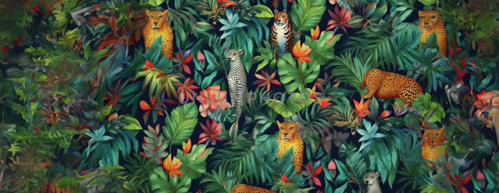 Tropical exotic pattern with animal and flowers in bright colors and lush vegetation. Ai Generative