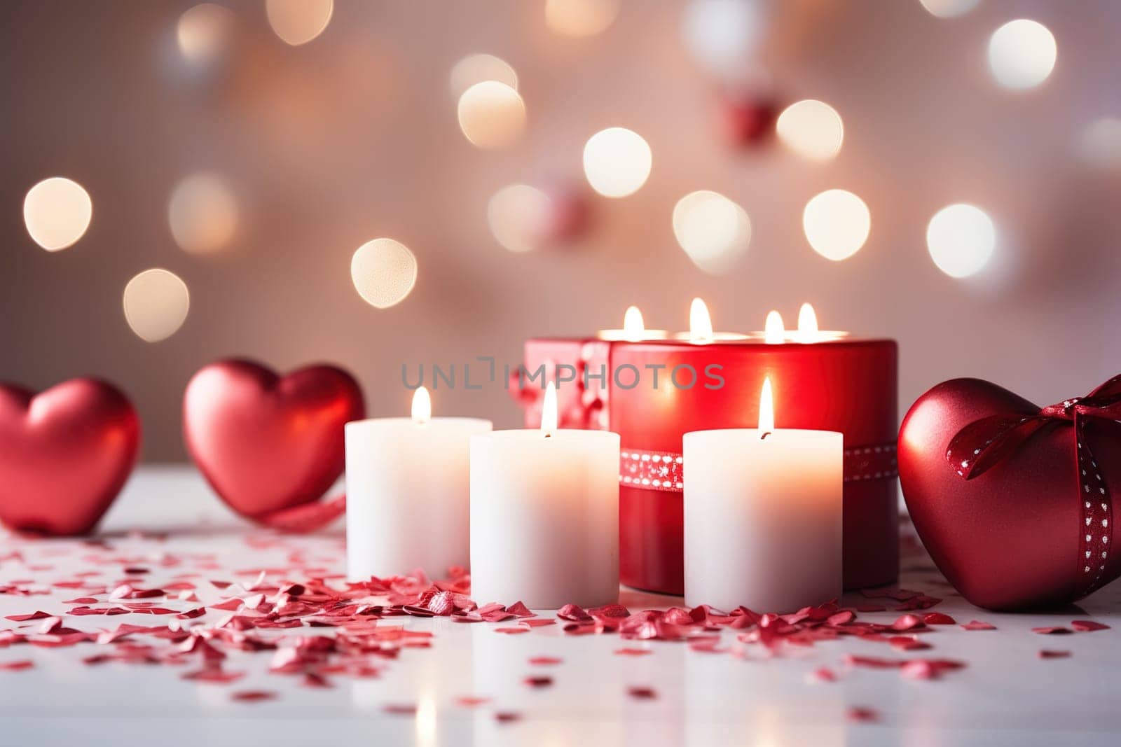 gifts and candles envelope with paper craft hearts anniversary background with copy space of Valentine Day, generative ai