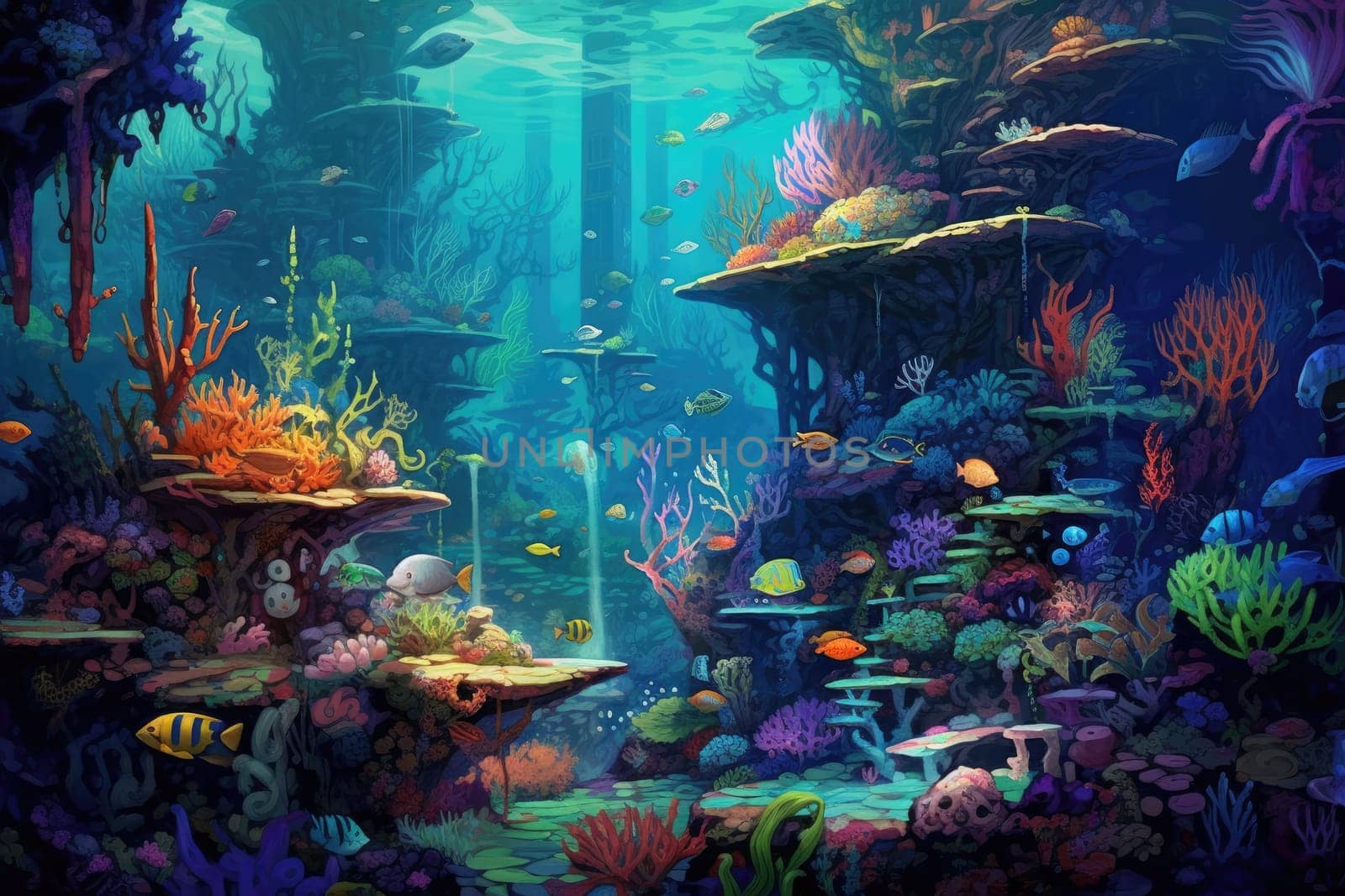 Tropical sea underwater fishes on coral reef. Aquarium oceanarium wildlife colorful marine panorama landscape nature snorkel diving. AI Generative