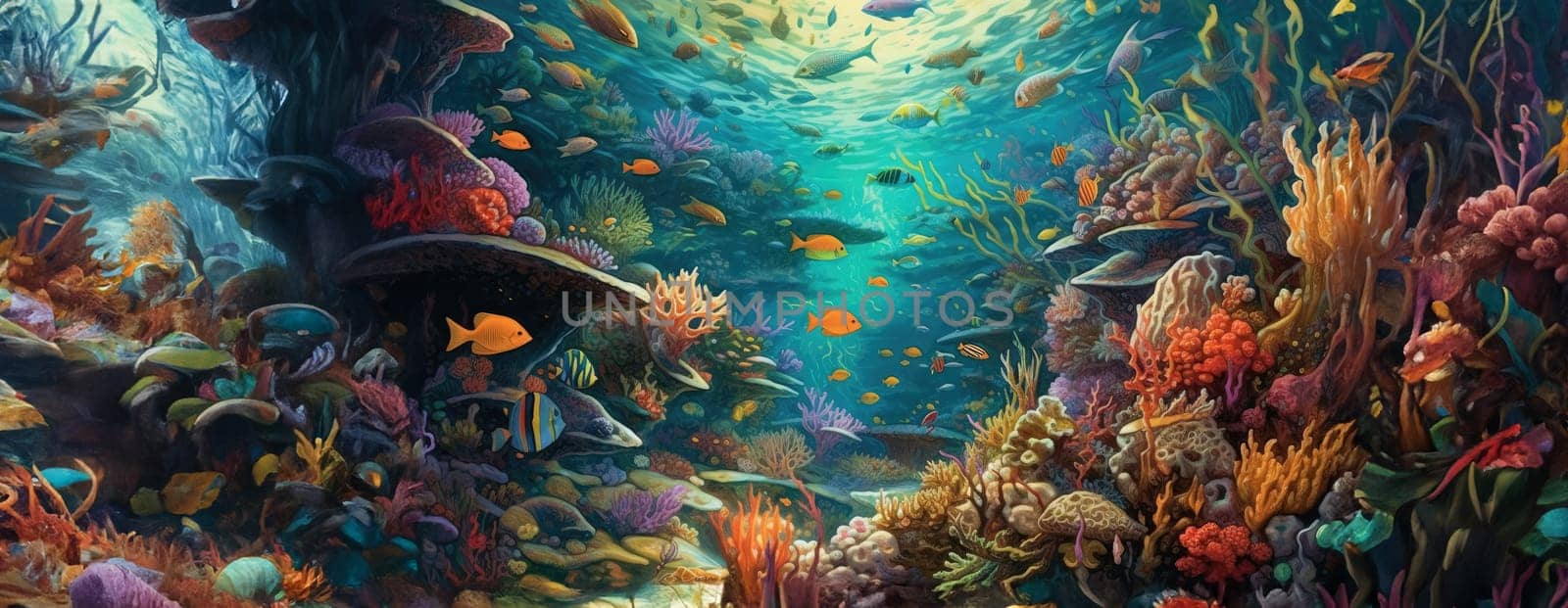 Tropical sea underwater fishes on coral reef. Aquarium oceanarium wildlife colorful marine panorama landscape nature snorkel diving. AI Generative