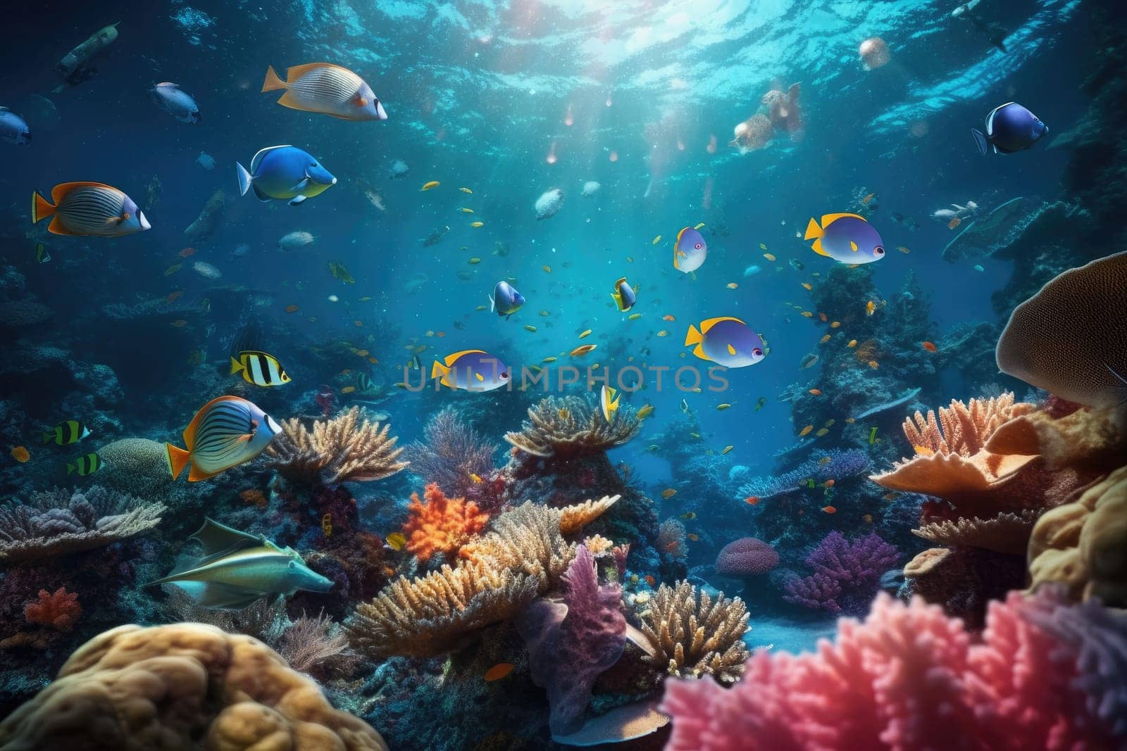 Tropical sea underwater fishes on coral reef. Aquarium oceanarium wildlife colorful marine panorama landscape nature snorkel diving. AI Generative