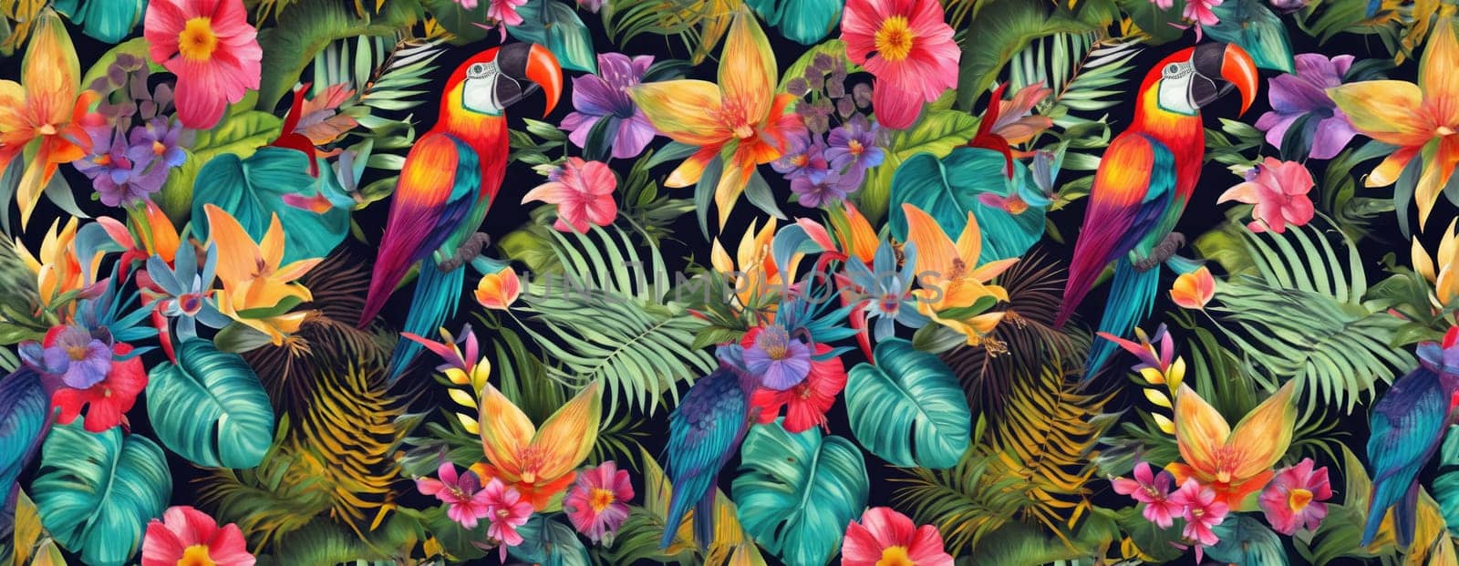 Tropical exotic pattern with animal and flowers in bright colors and lush vegetation. Ai Generative