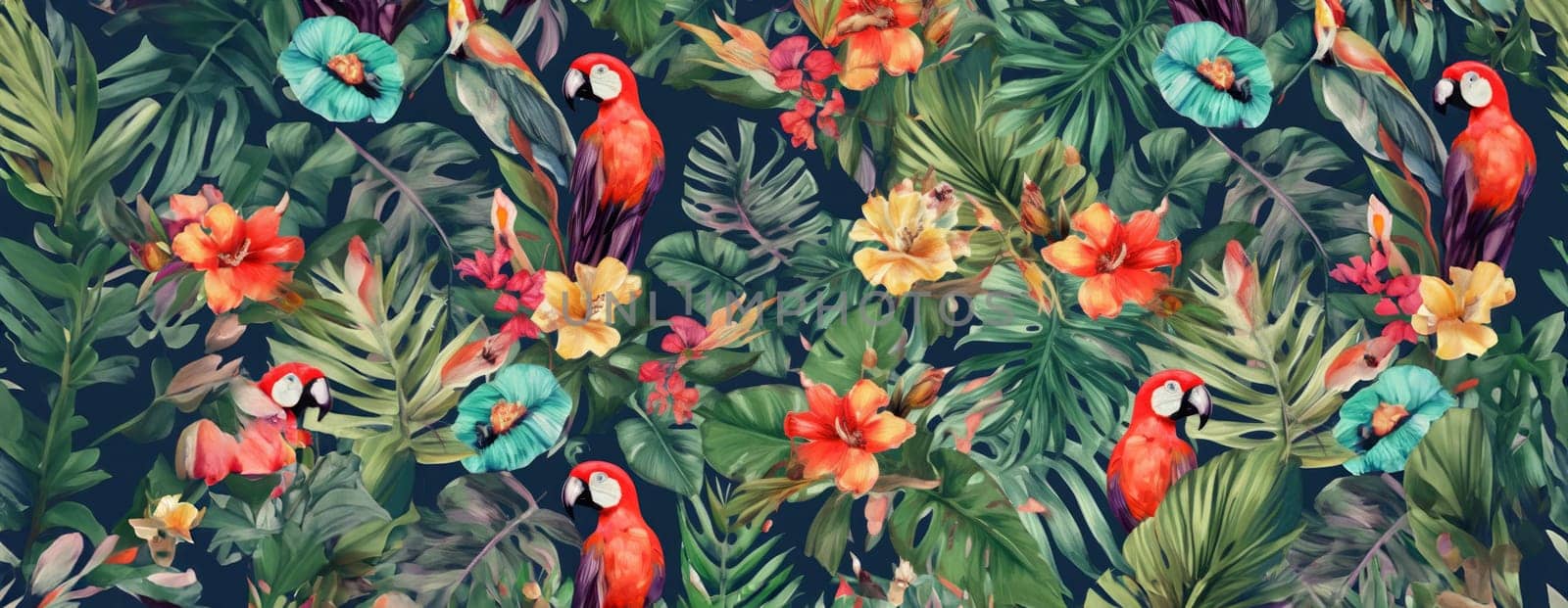 Tropical exotic pattern with animal and flowers in bright colors and lush vegetation. Ai Generative