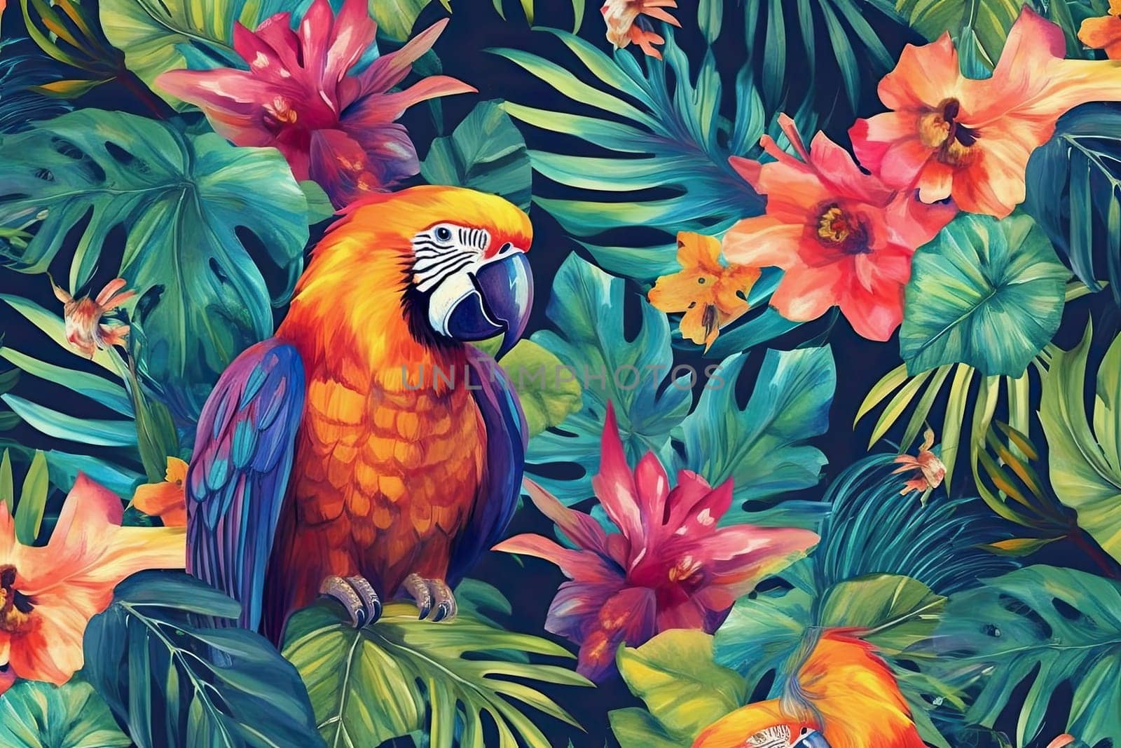 Tropical exotic pattern with animal and flowers in bright colors and lush vegetation. Ai Generative. by Benzoix