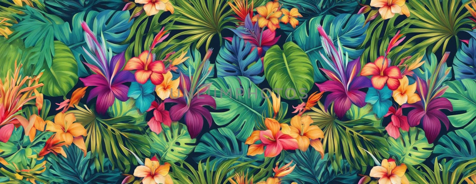 Tropical exotic pattern with animal and flowers in bright colors and lush vegetation. Ai Generative. by Benzoix