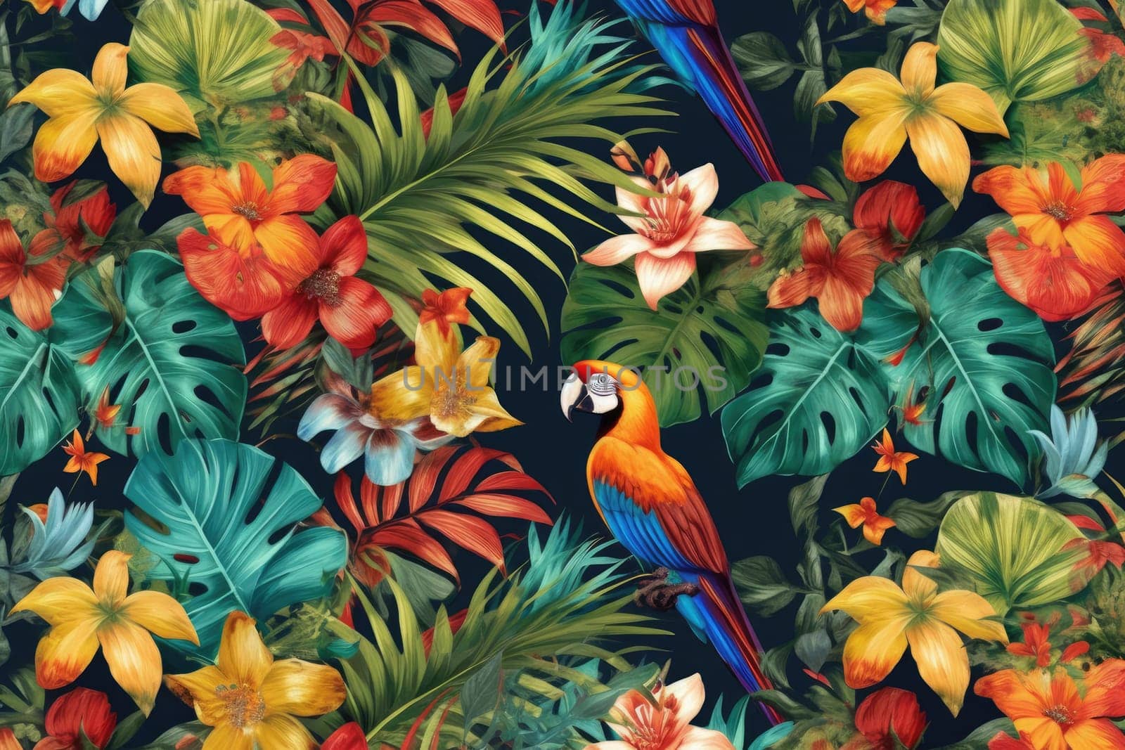 Tropical exotic pattern with animal and flowers in bright colors and lush vegetation. Ai Generative. by Benzoix