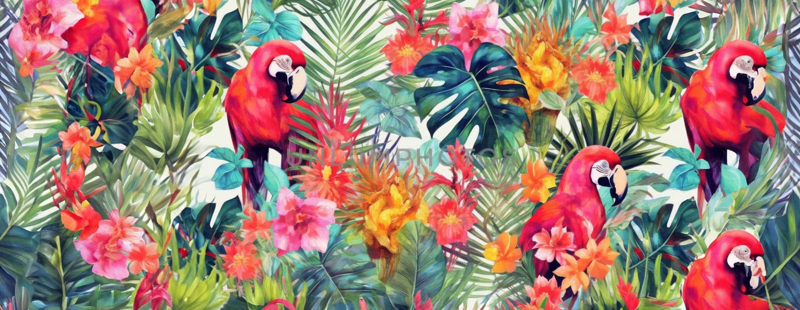 Tropical exotic pattern with animal and flowers in bright colors and lush vegetation. Ai Generative