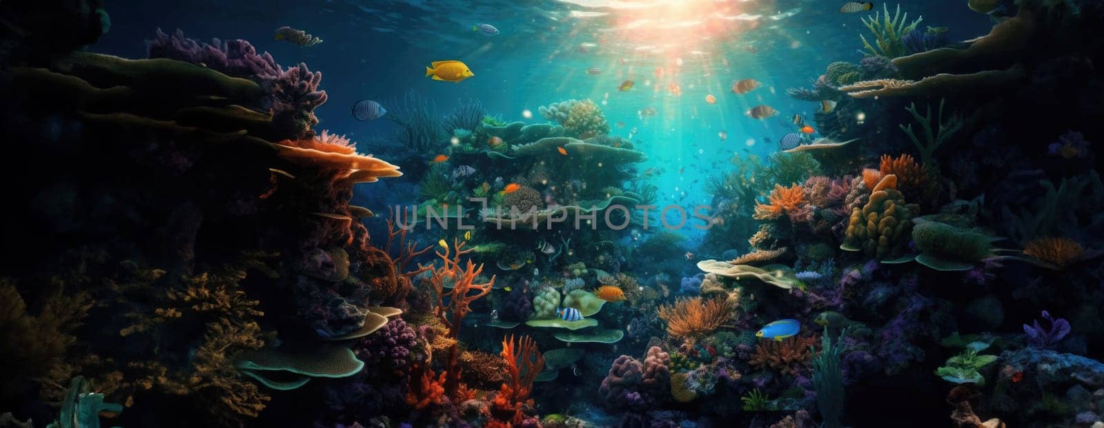 Tropical sea underwater fishes on coral reef. Aquarium oceanarium wildlife colorful marine panorama landscape nature snorkel diving. AI Generative